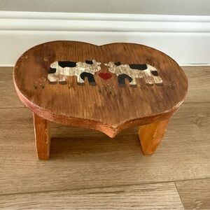 Vintage Hand-Painted Heart Stool with Cow Motif